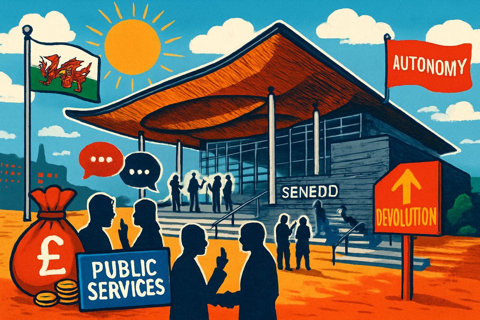 Senedd building in Wales with flags and symbolic elements