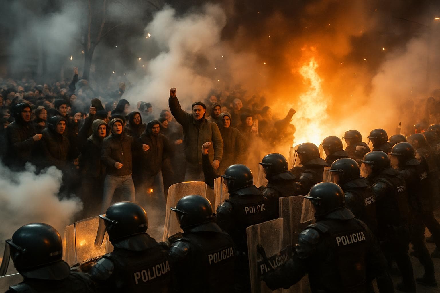 Protesters clashing with riot police in Serbia
