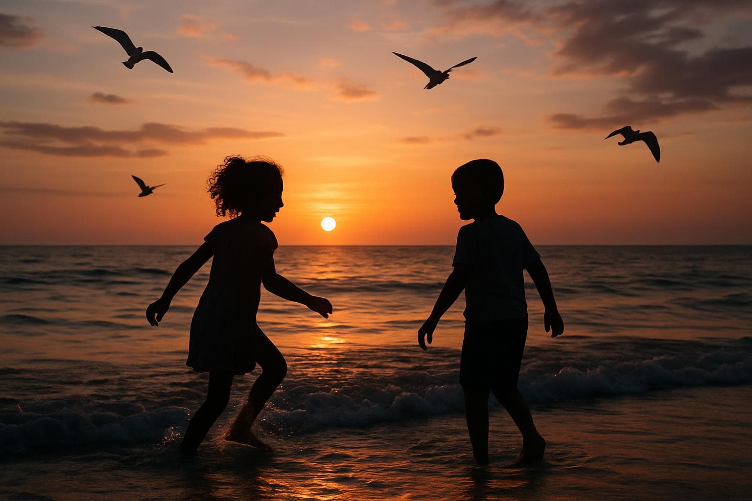 Children silhouettes playing in water at sunset beach