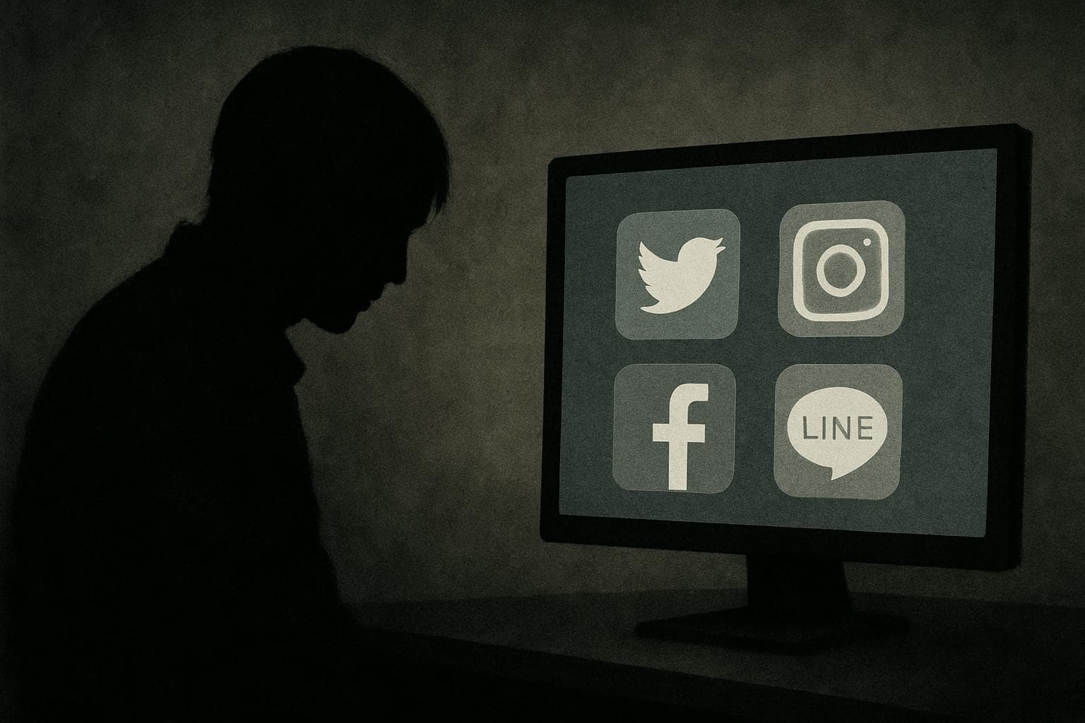 Shadowy figure near a computer screen with social media icons