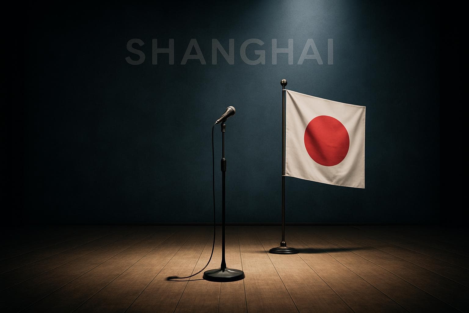 Empty stage in Shanghai with a spotlight on a microphone stand and Japanese flag.