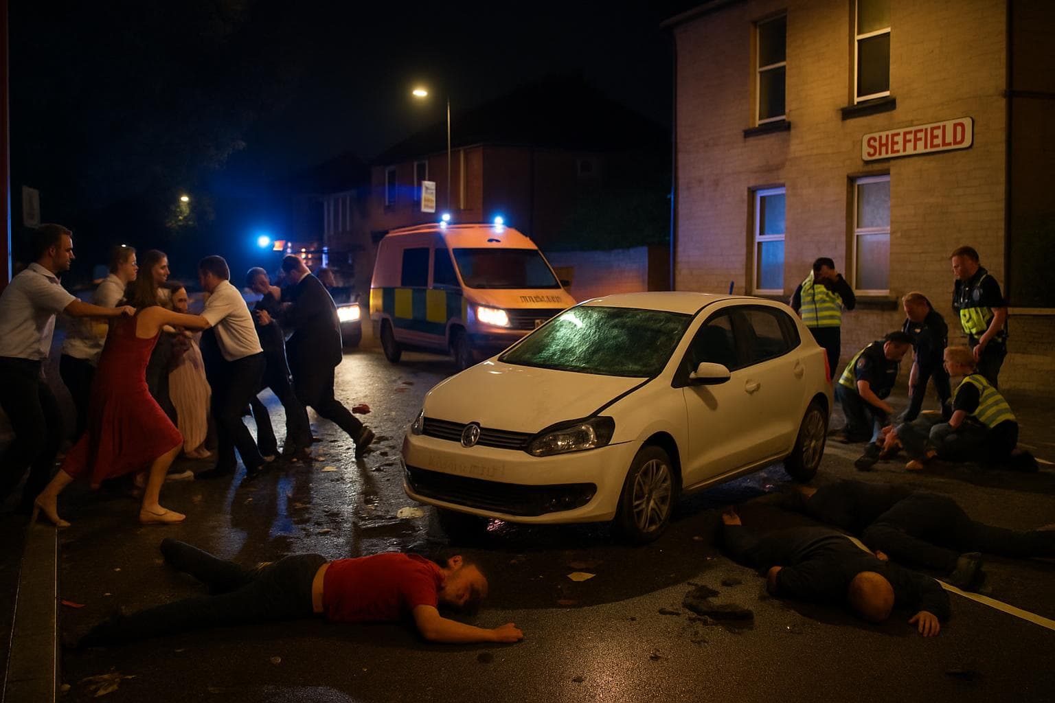 Chaotic wedding scene with car driven into a crowd