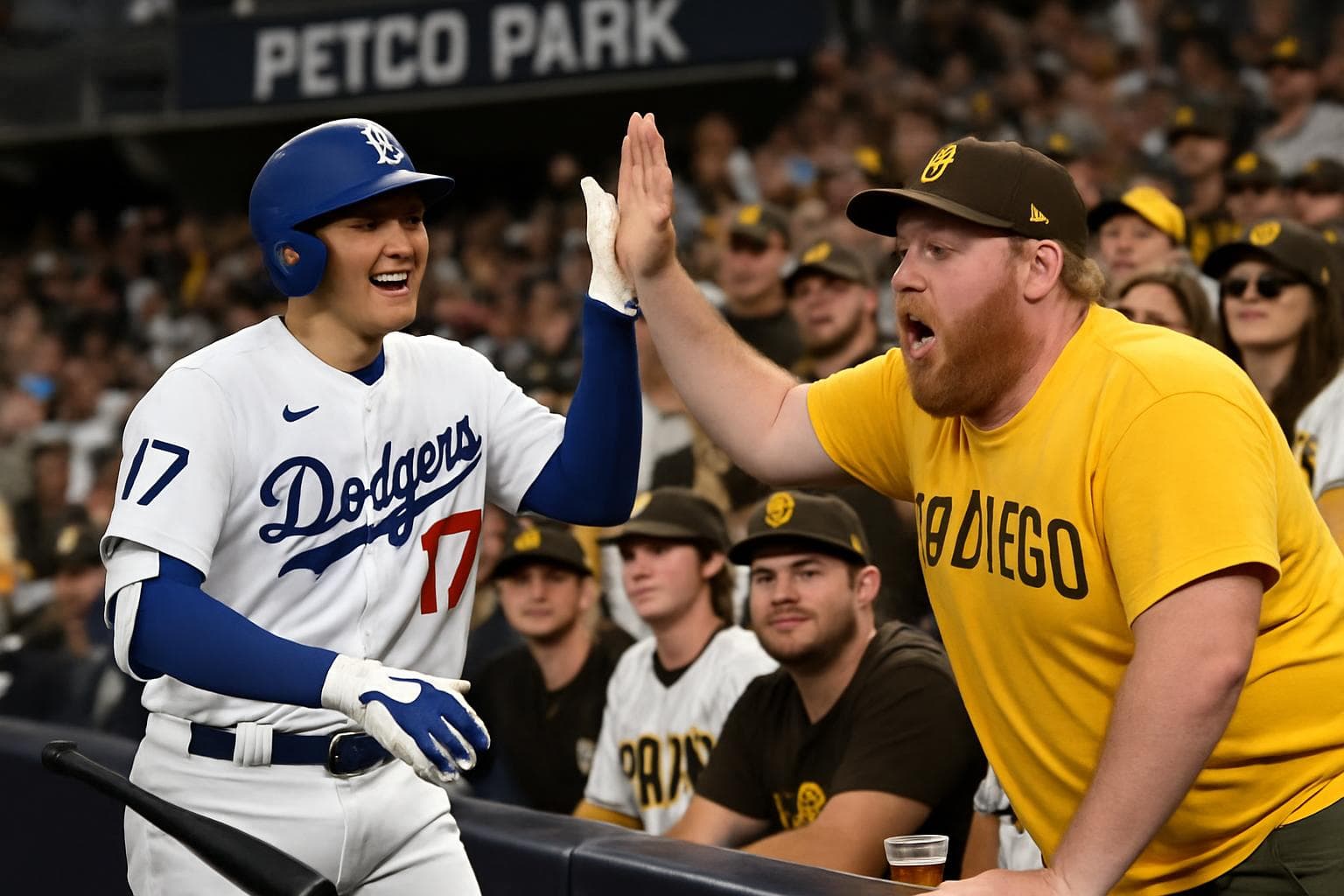 Shohei Ohtani high-fives a heckler at Petco Park