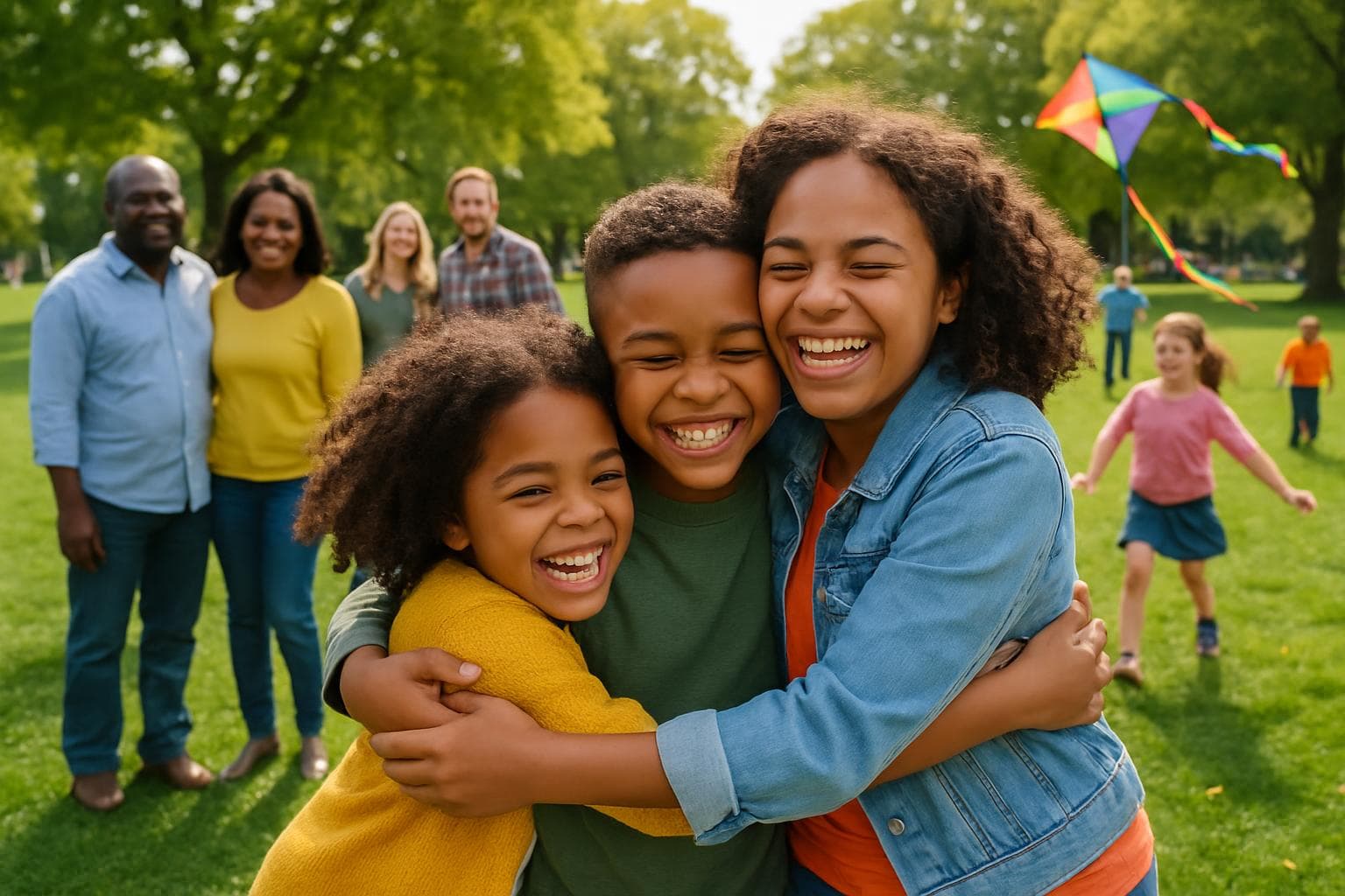 Three siblings embracing in a park with adoptive families