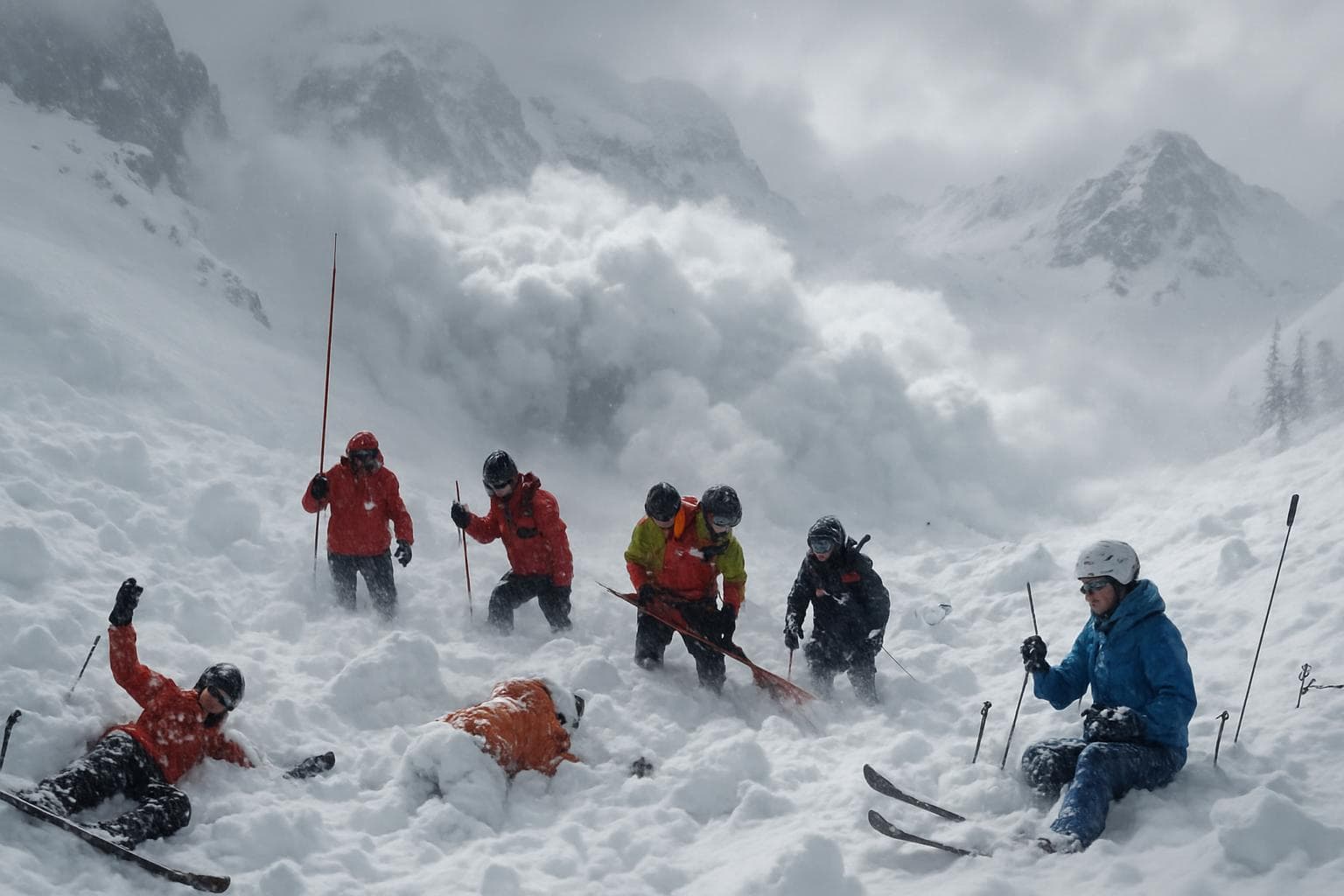Rescue teams in Sierra Nevada avalanche scene