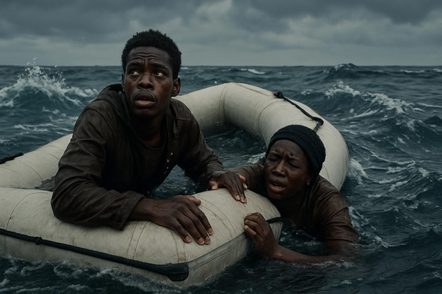 Two survivors clinging to a sinking rubber boat in rough sea
