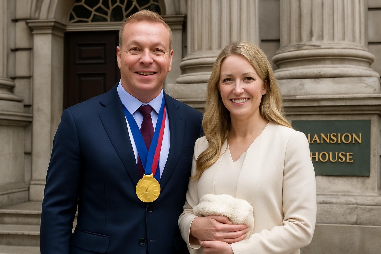 Sir Chris Hoy with medal and Lady Sarra Hoy with baby blanket