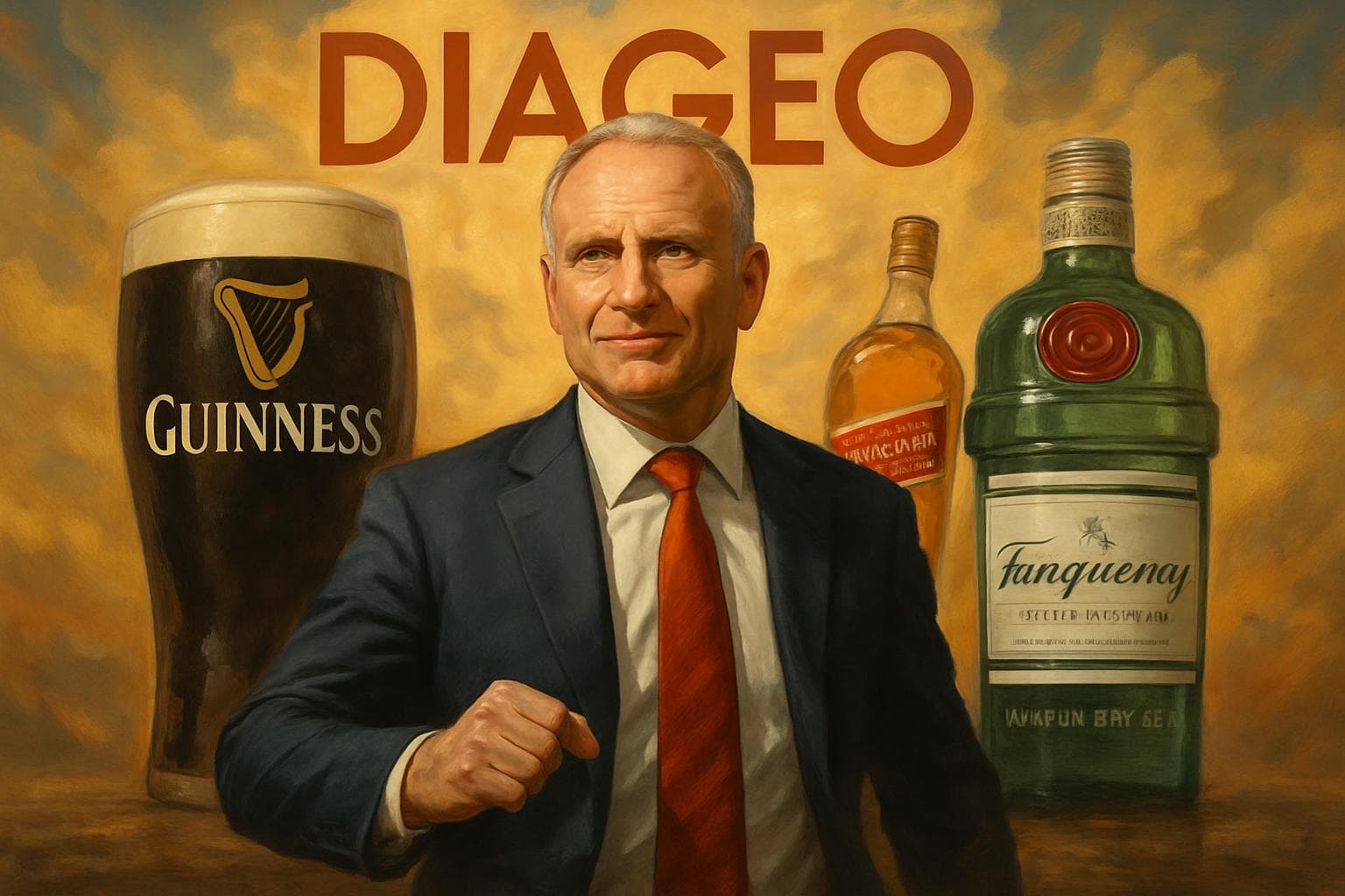 Sir Dave Lewis leading Diageo with beverage brands in background