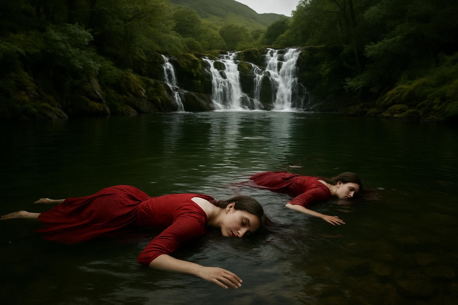 Two sisters in red dresses drowning in Eryri National Park