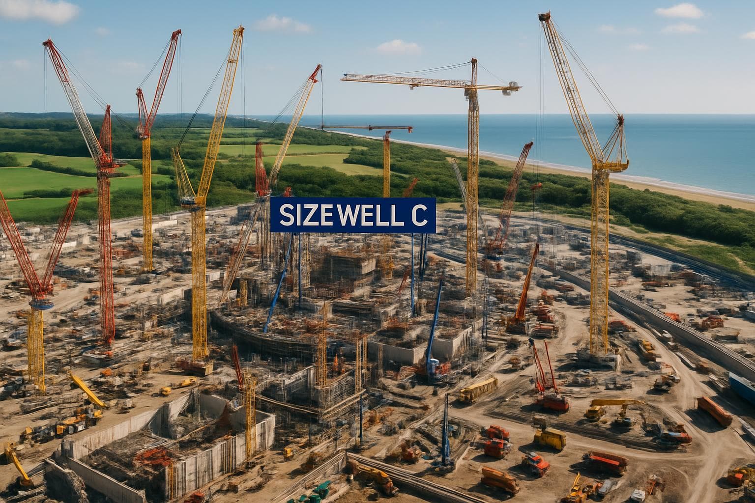Construction site of Sizewell C nuclear power plant with cranes