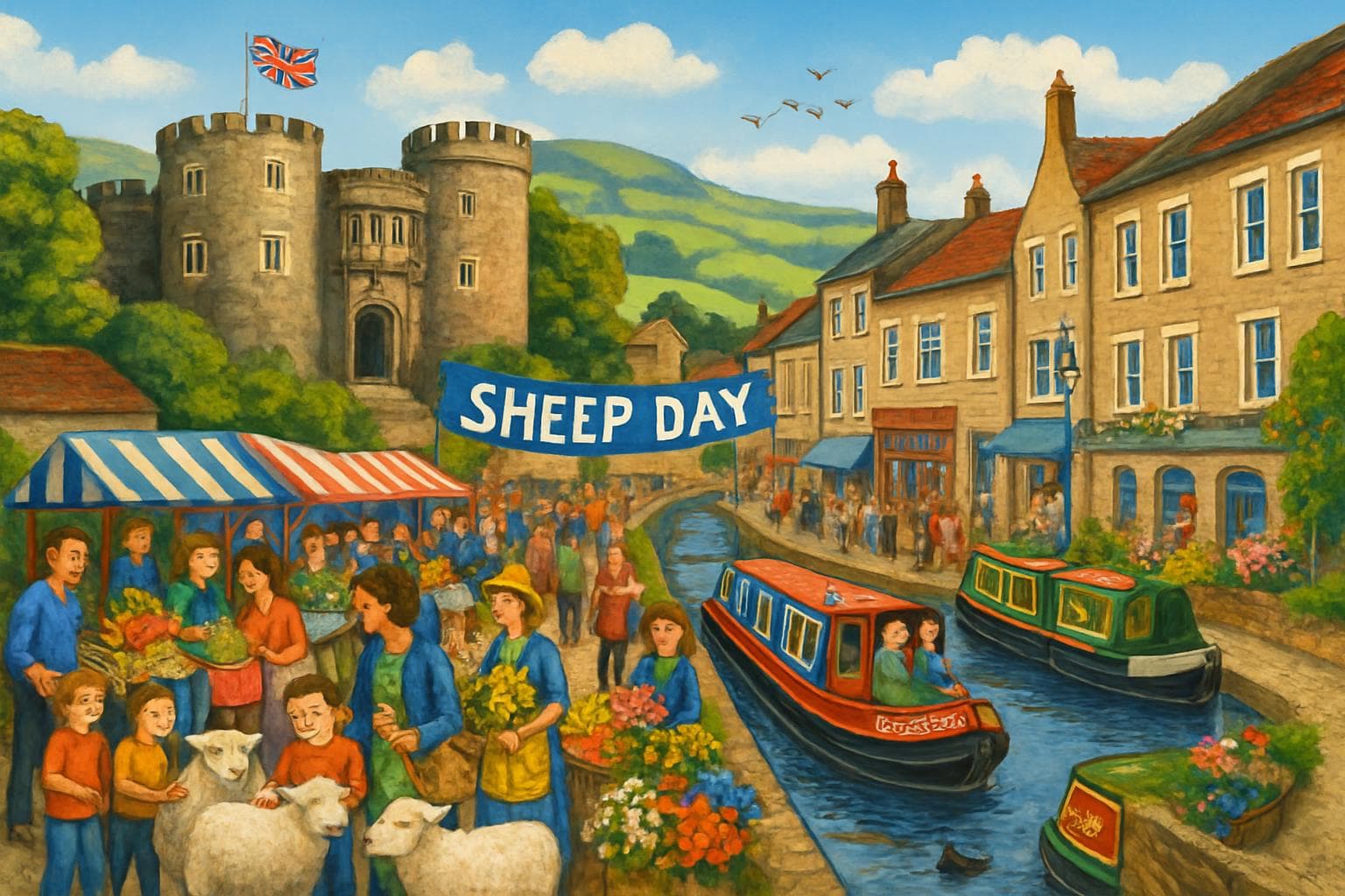 Skipton market town with castle and canal view