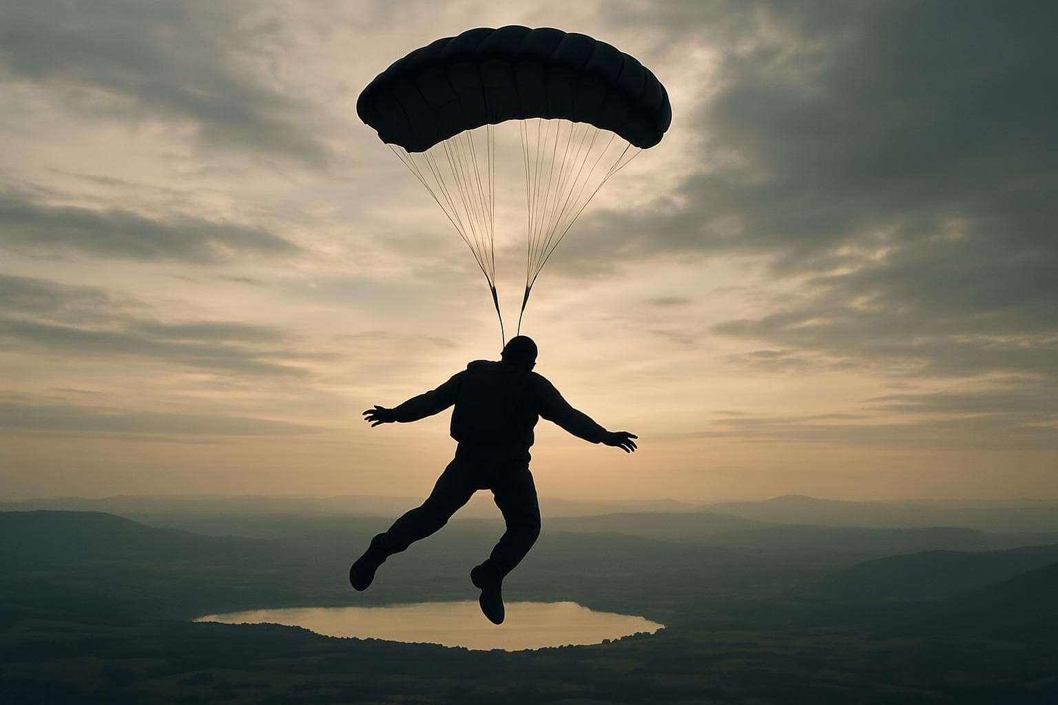Skydiver in freefall above a serene landscape
