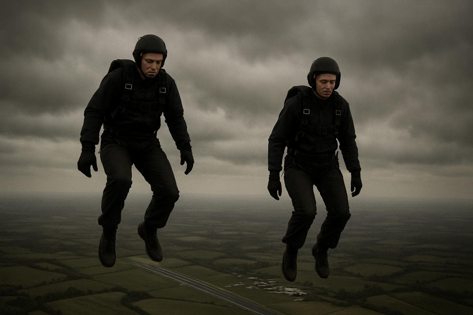 Two skydivers in a memorial tribute over Dunkeswell Aerodrome