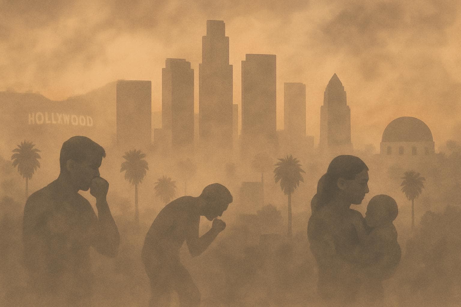 Smoky Los Angeles skyline with obscured city landmarks