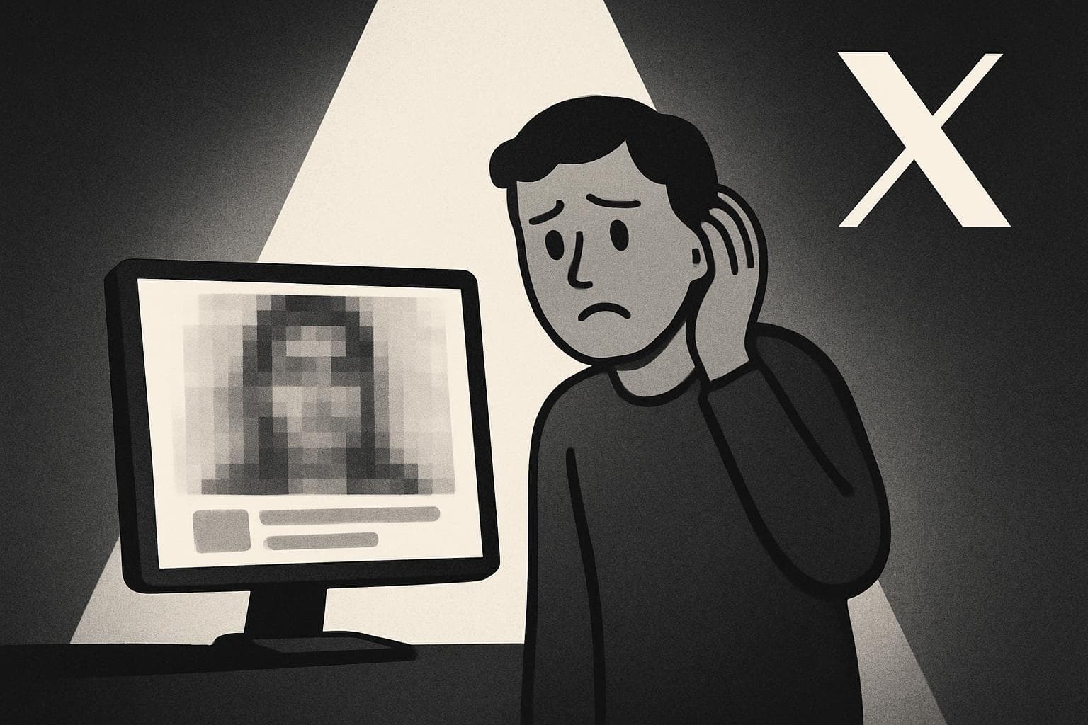 Concerned figure beside computer with blurry images