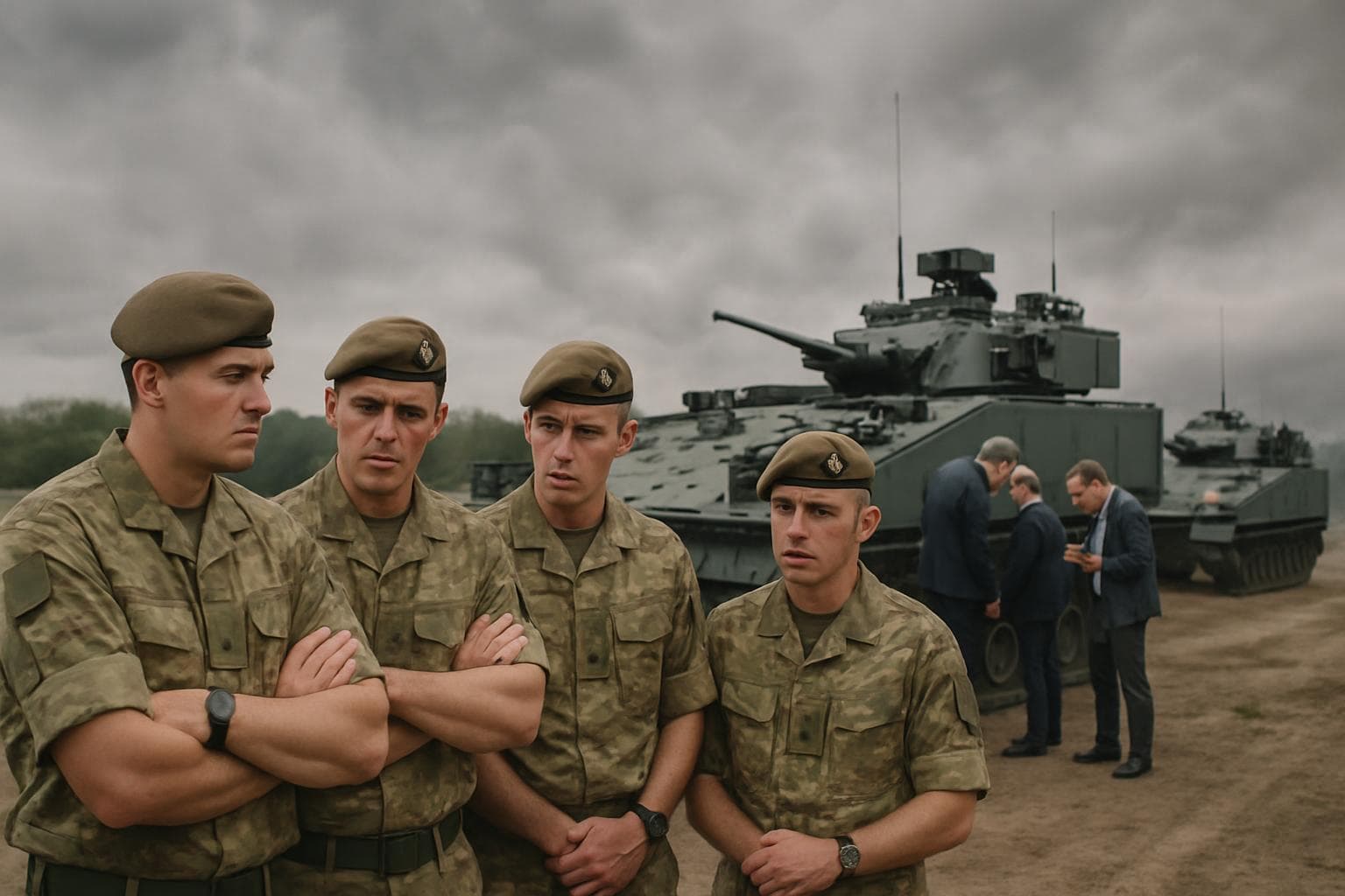 Soldiers beside Ajax armoured vehicles with officials nearby.