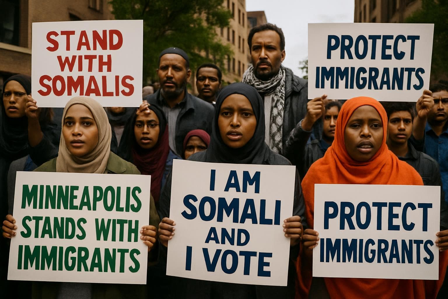 Somali-American community in Minneapolis holding solidarity signs