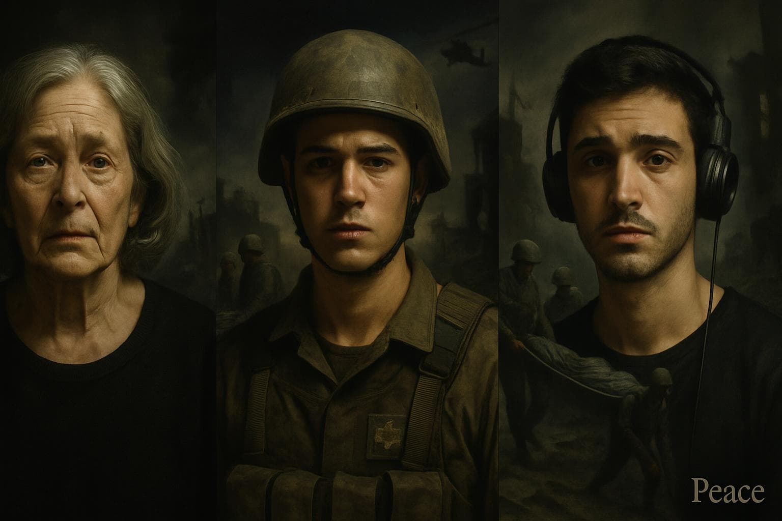 Somber portraits of three people with Israeli Defense Forces in Gaza