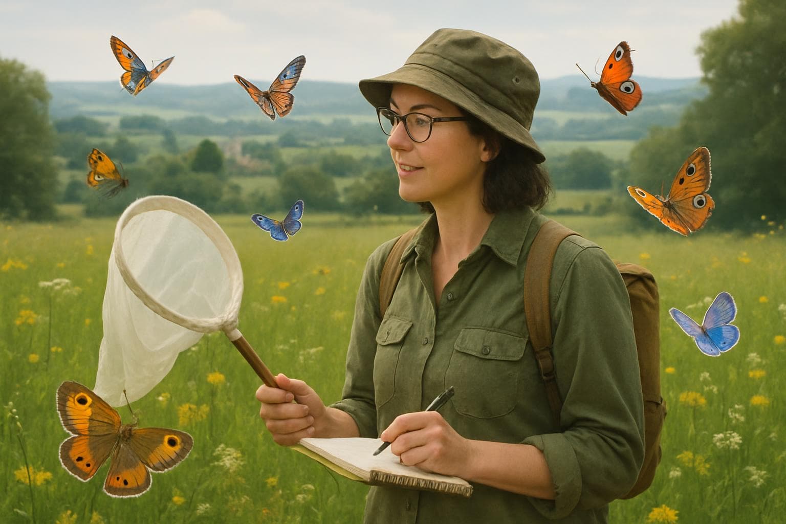 Butterfly enthusiast in Somerset meadow with butterflies