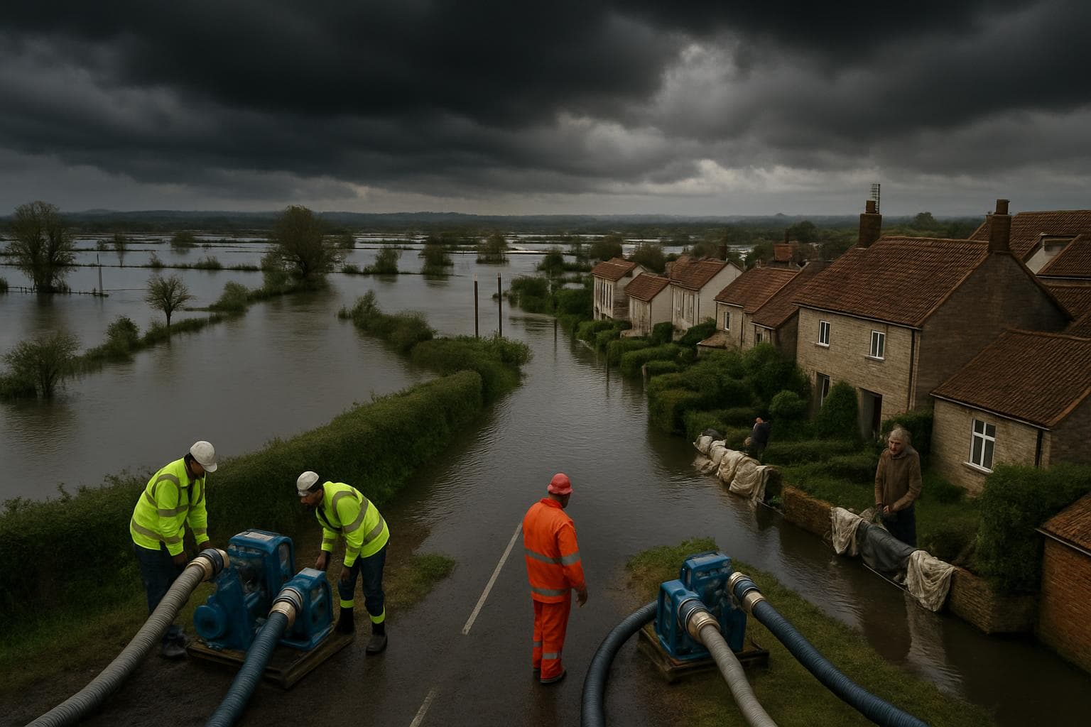 Aerial view of Somerset flooding with emergency response