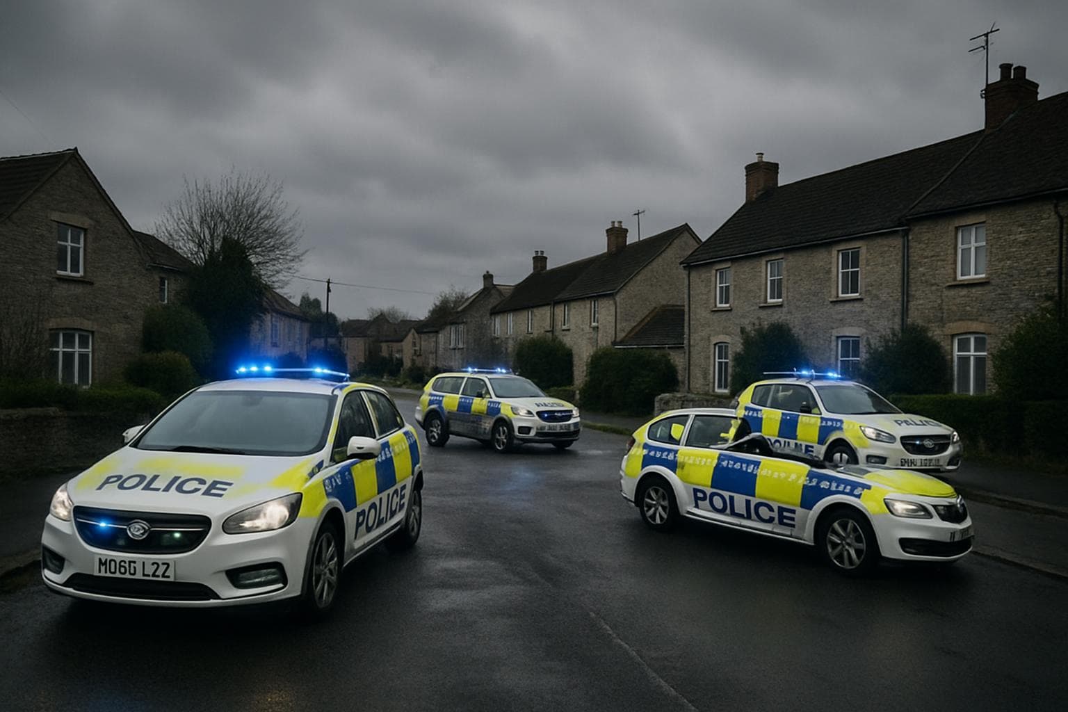Police cars gathered under a grey sky in Somerset neighborhood