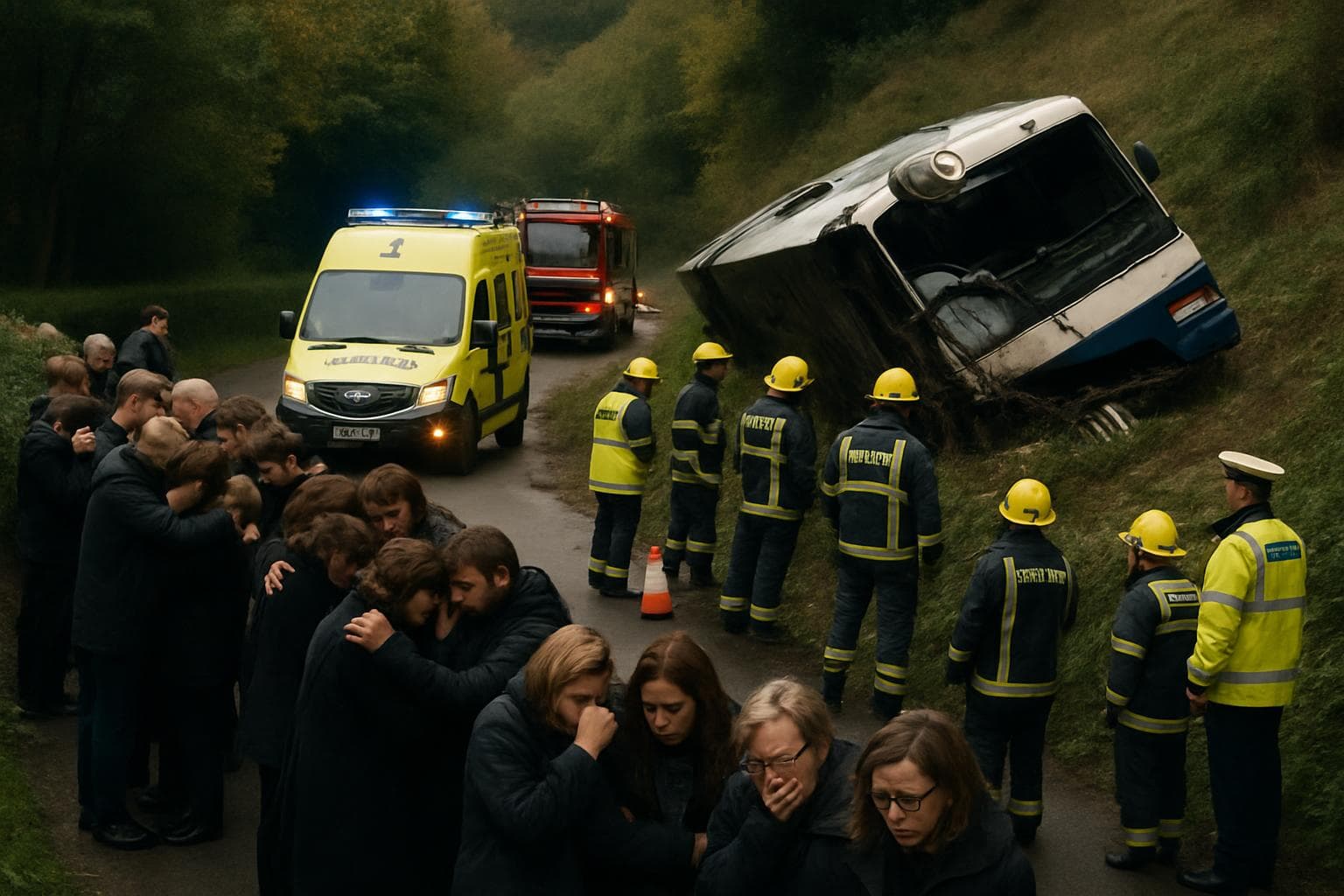 Overturned school coach on a steep embankment in Somerset