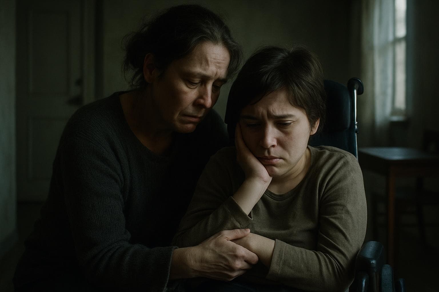 A sorrowful mother with her disabled daughter in a dimly lit room