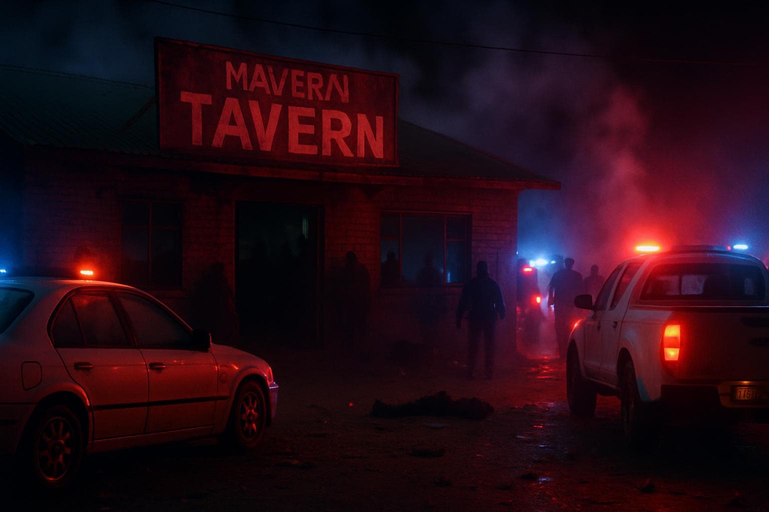 South African tavern with vehicles and emergency lights outside