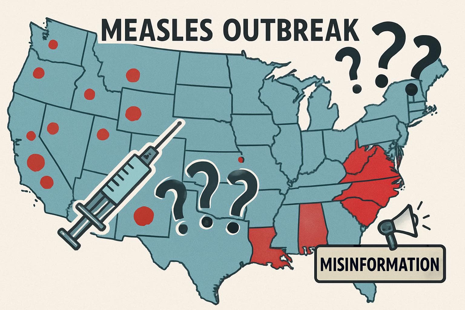 Map of the US highlighting South Carolina with measles outbreak areas