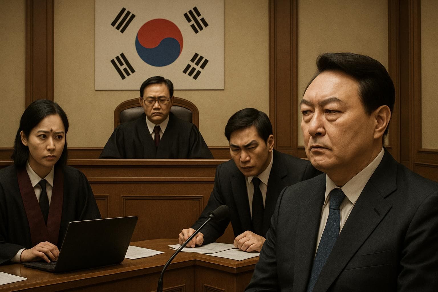 South Korean courtroom with judge, prosecutors, and Yoon Suk Yeol