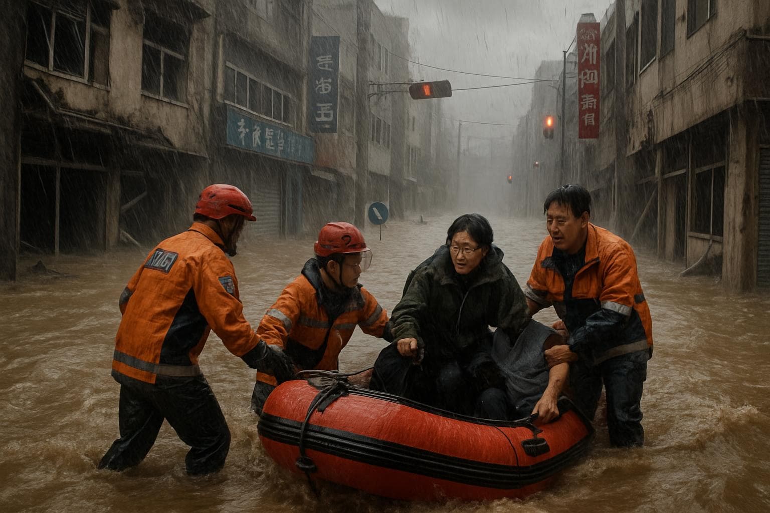 Emergency workers evacuating residents in flooded South Korean city