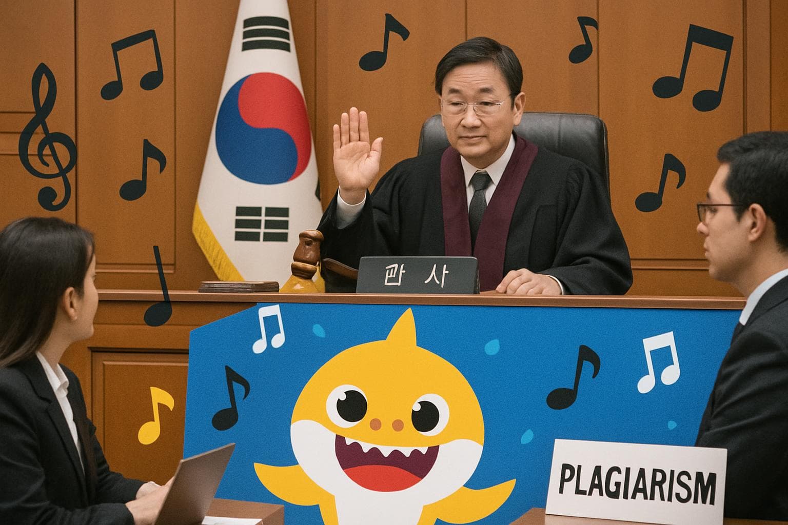 Judge in South Korean courtroom dismissing Baby Shark plagiarism claim