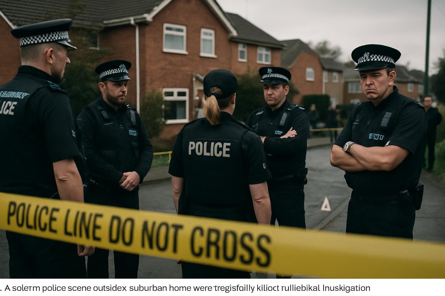 Police officers at a crime scene outside a suburban home