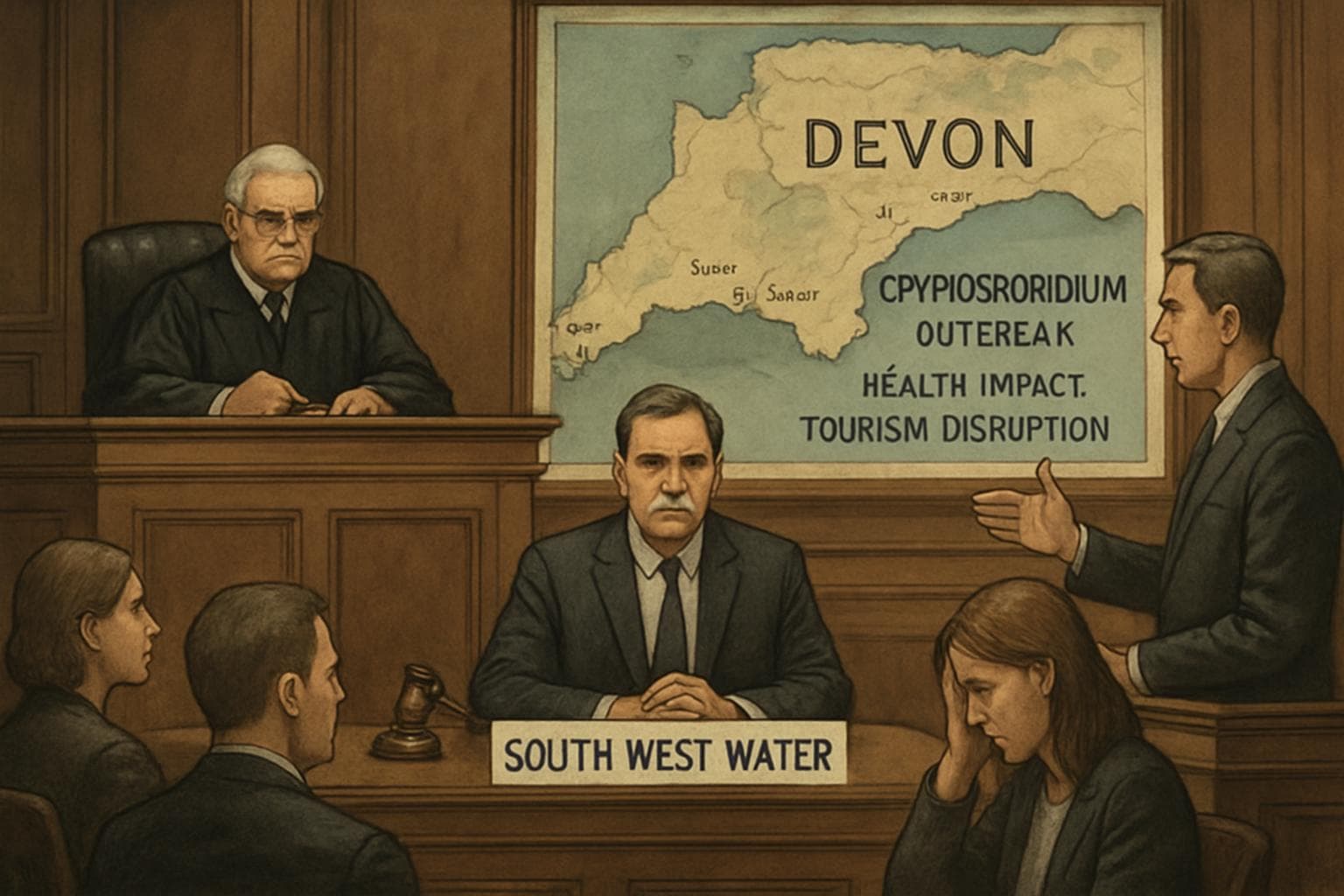 Courtroom scene with map of Devon and South West Water