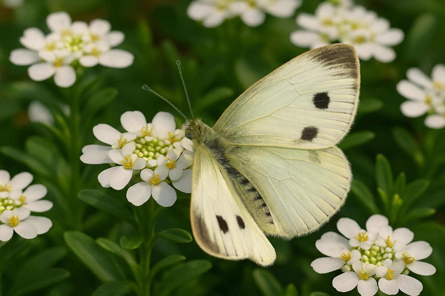 Southern Small White butterfly on candytuft shrub