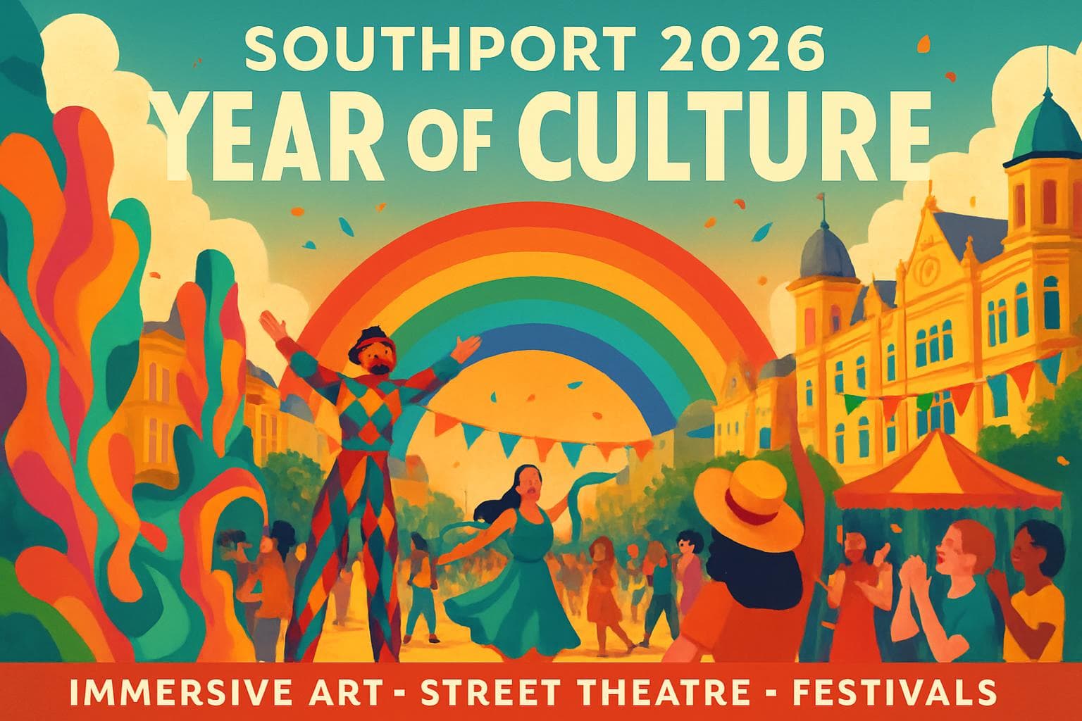 Cultural celebration with art and street theatre in Southport