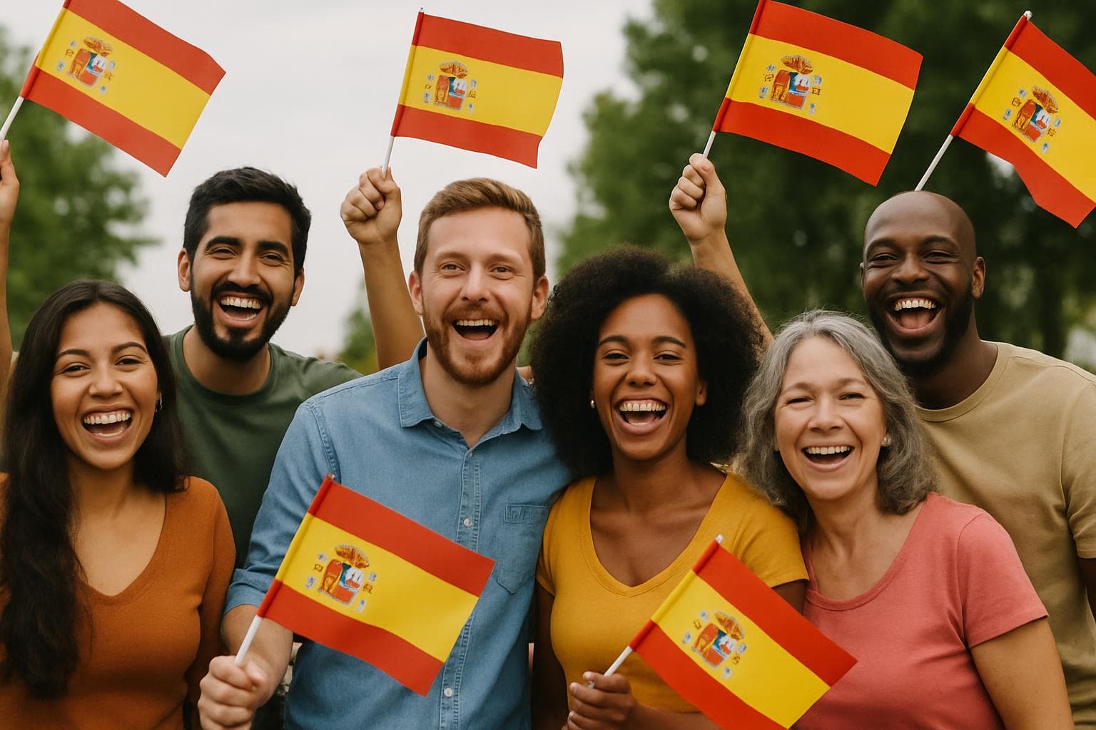 Diverse group celebrating with Spanish flags