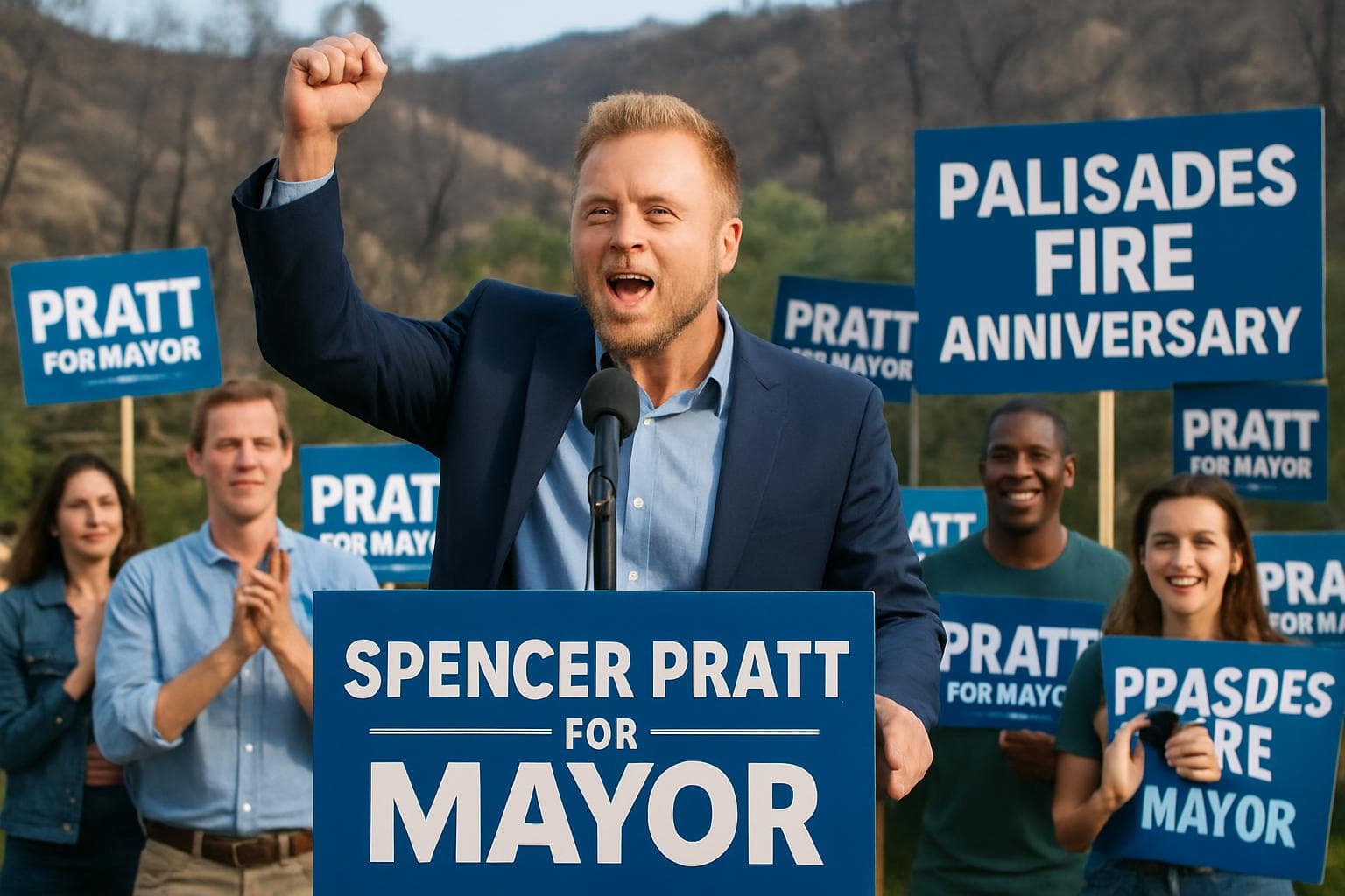 Spencer Pratt speaking at a rally for Los Angeles mayoral candidacy