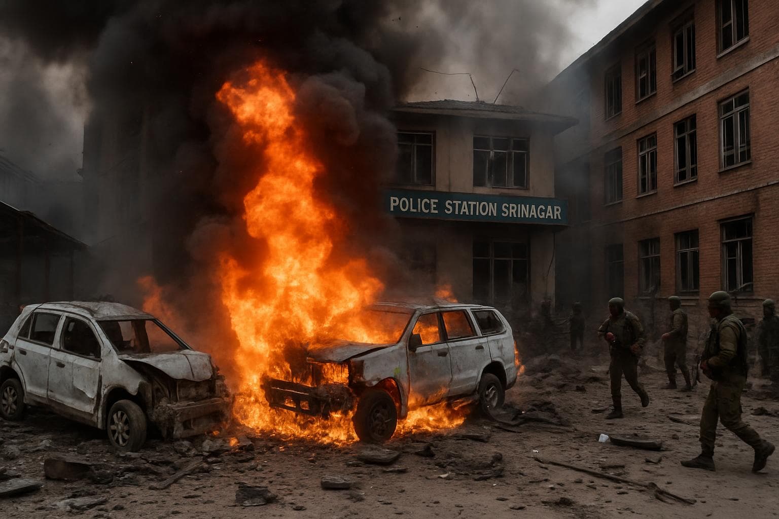 Burning vehicles and debris at Srinagar police station