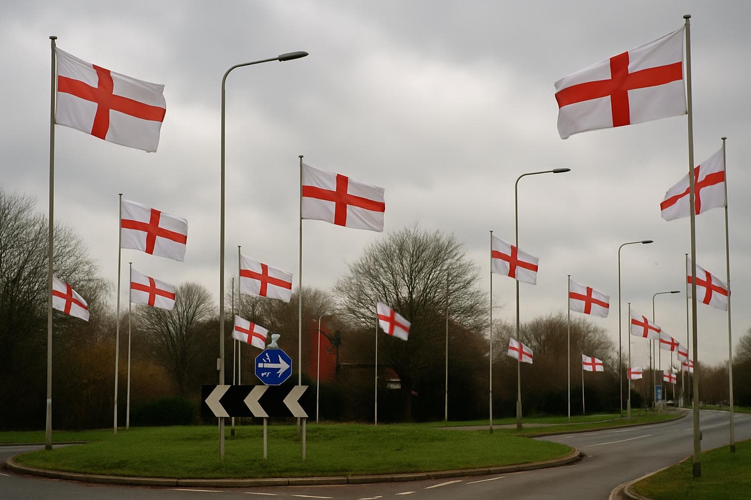 St Georges flags on roundabouts and lampposts in England