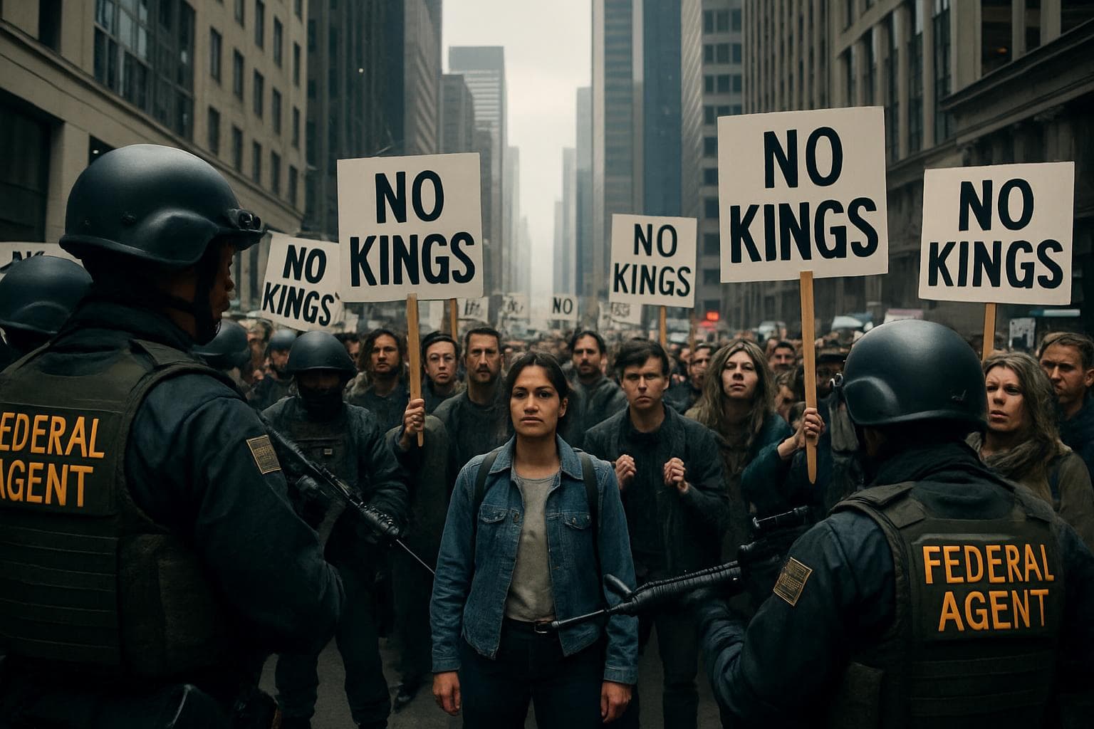 Federal agents and protesters in a city with 'No Kings' signs