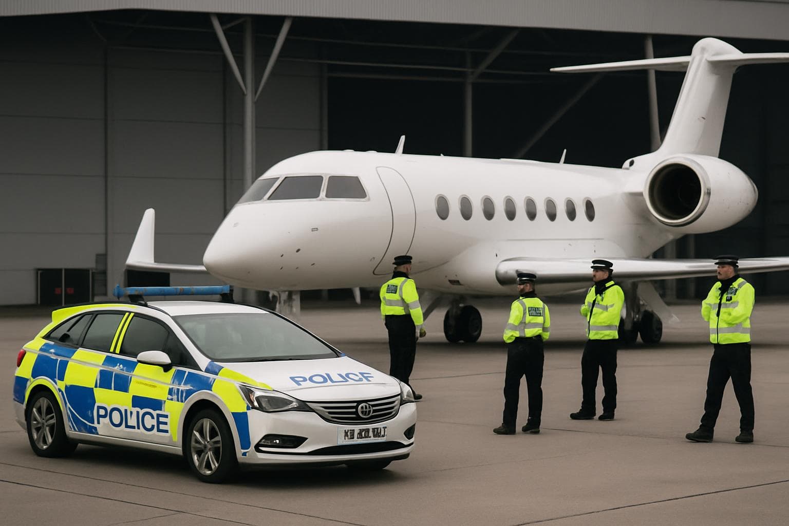 Police officers inspecting private jets at Stansted Airport
