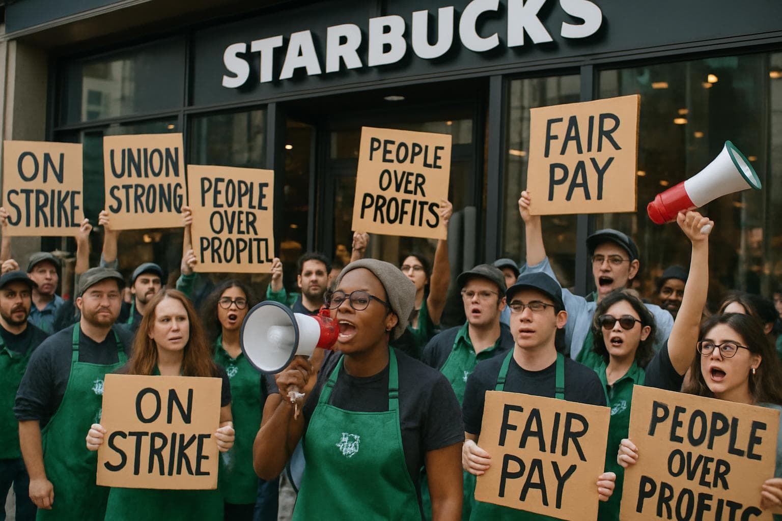 Diverse Starbucks employees protesting with signs and megaphones