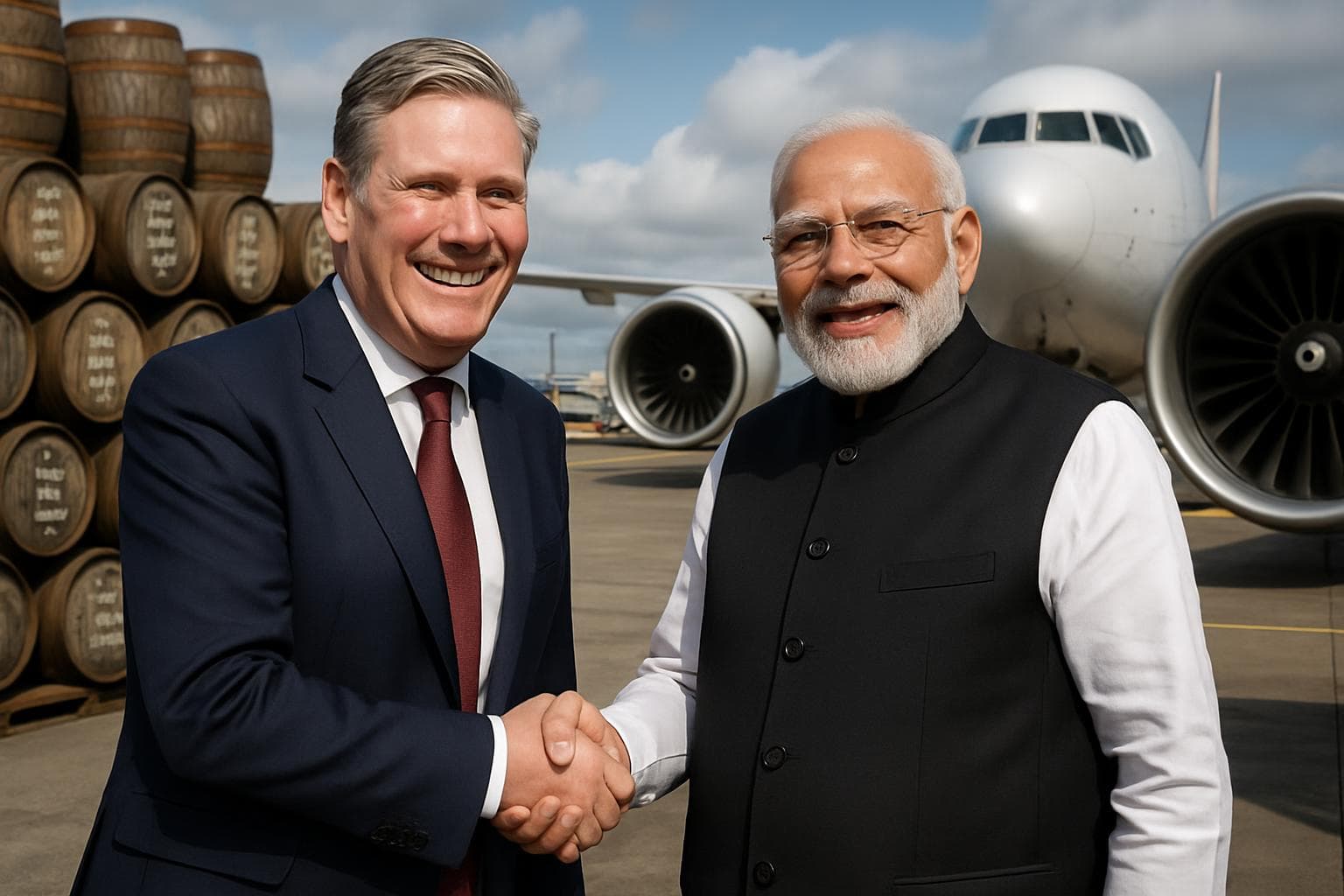 Keir Starmer and Narendra Modi shaking hands with whisky barrels and aerospace technology in the background