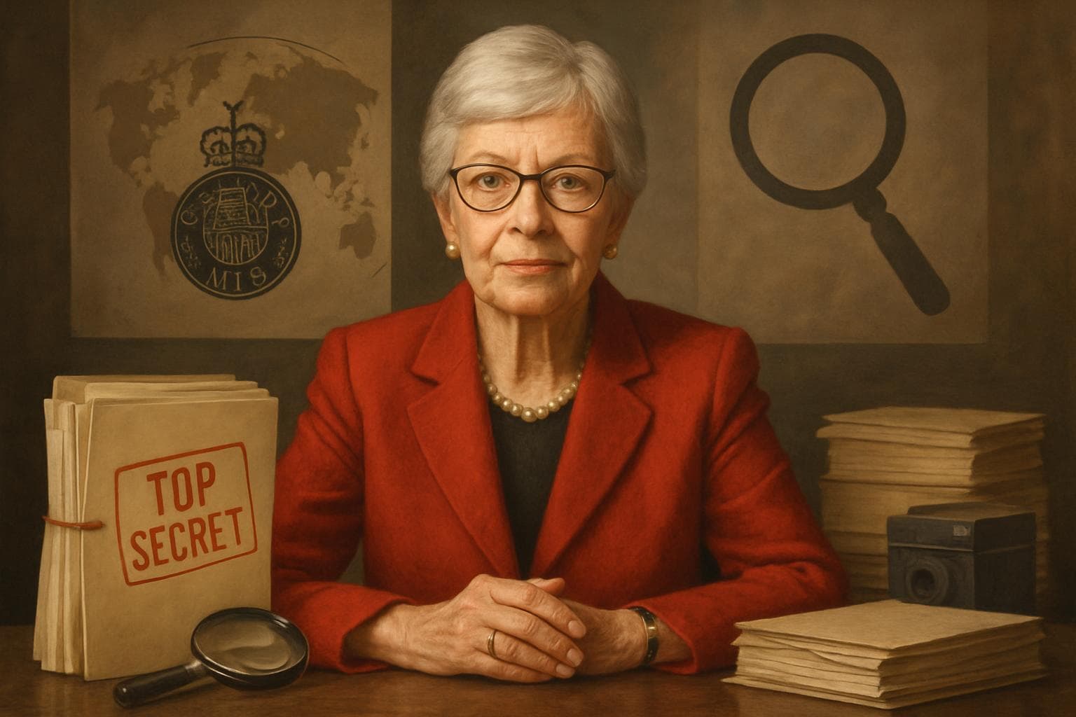 Portrait of Dame Stella Rimington with espionage elements