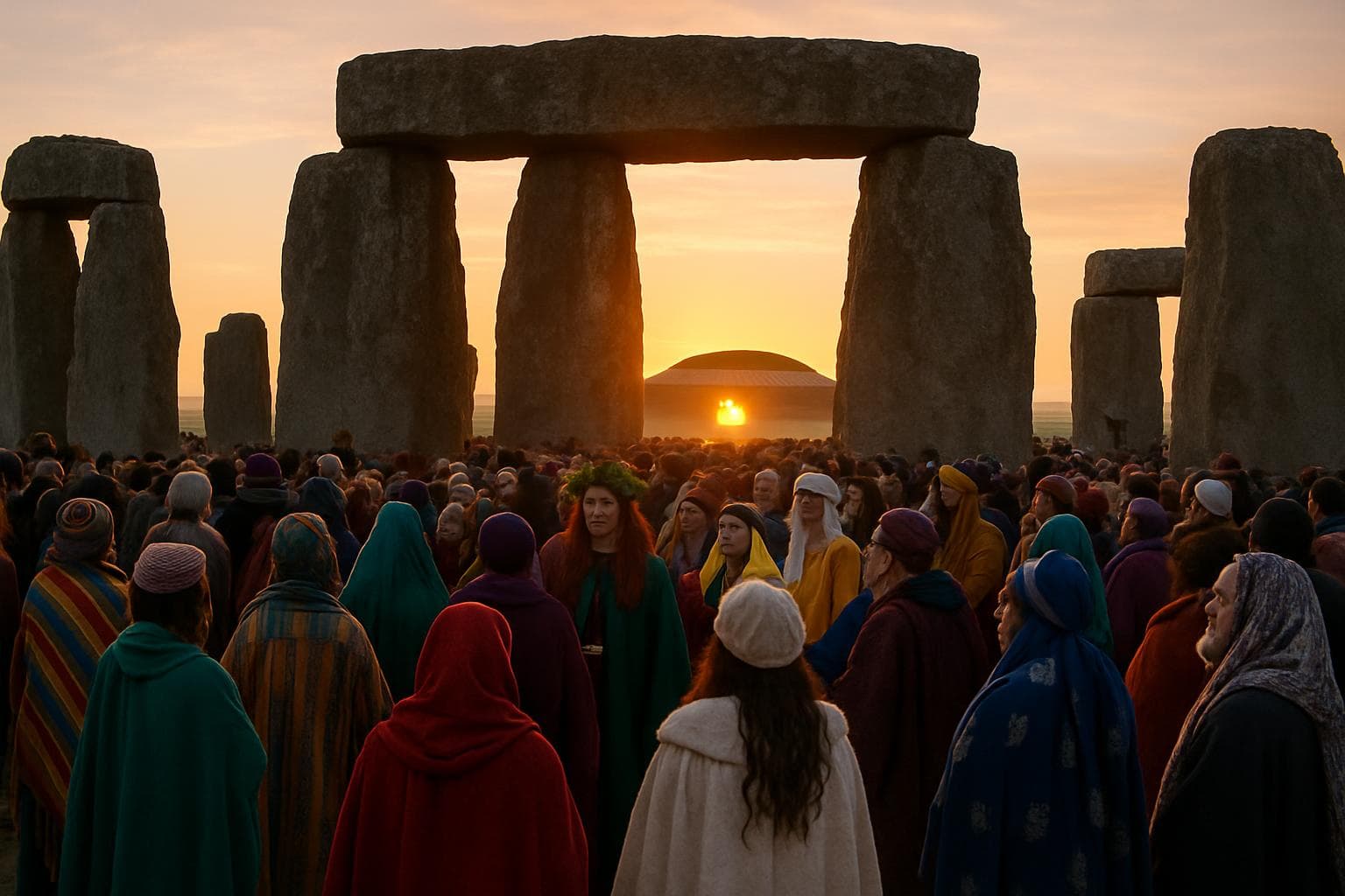 Diverse crowd in traditional attire at Stonehenge during winter solstice