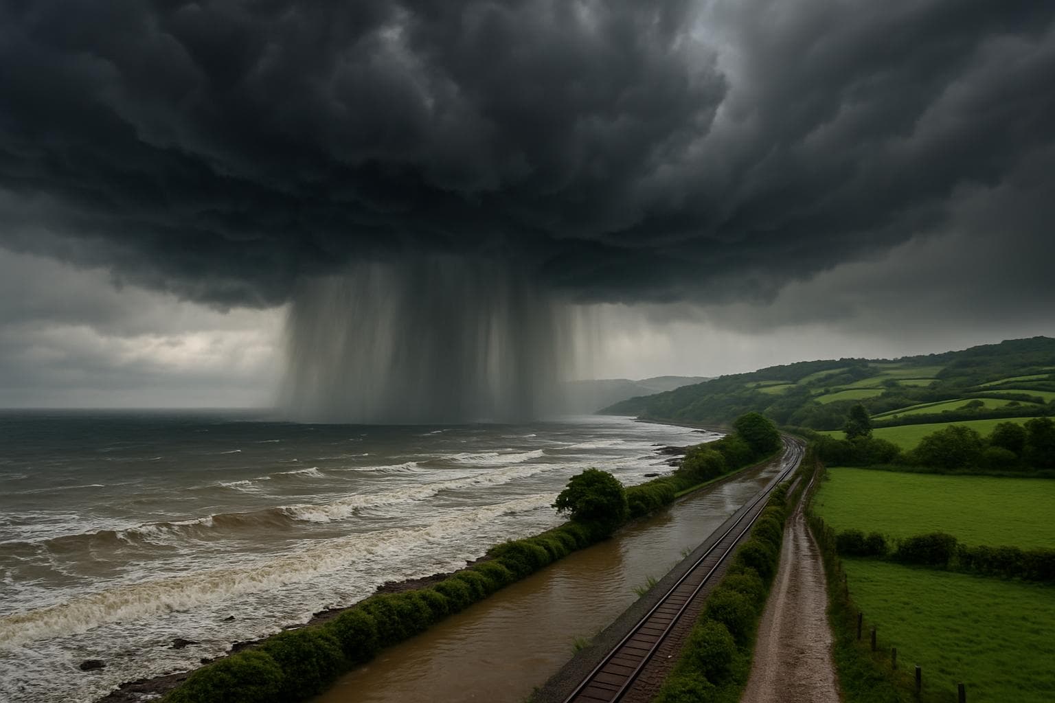 Dark storm clouds and heavy rain over southern England coast