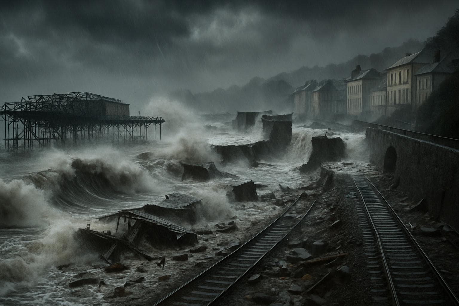 Storm damage to Teignmouth Grand Pier and Dawlish sea wall