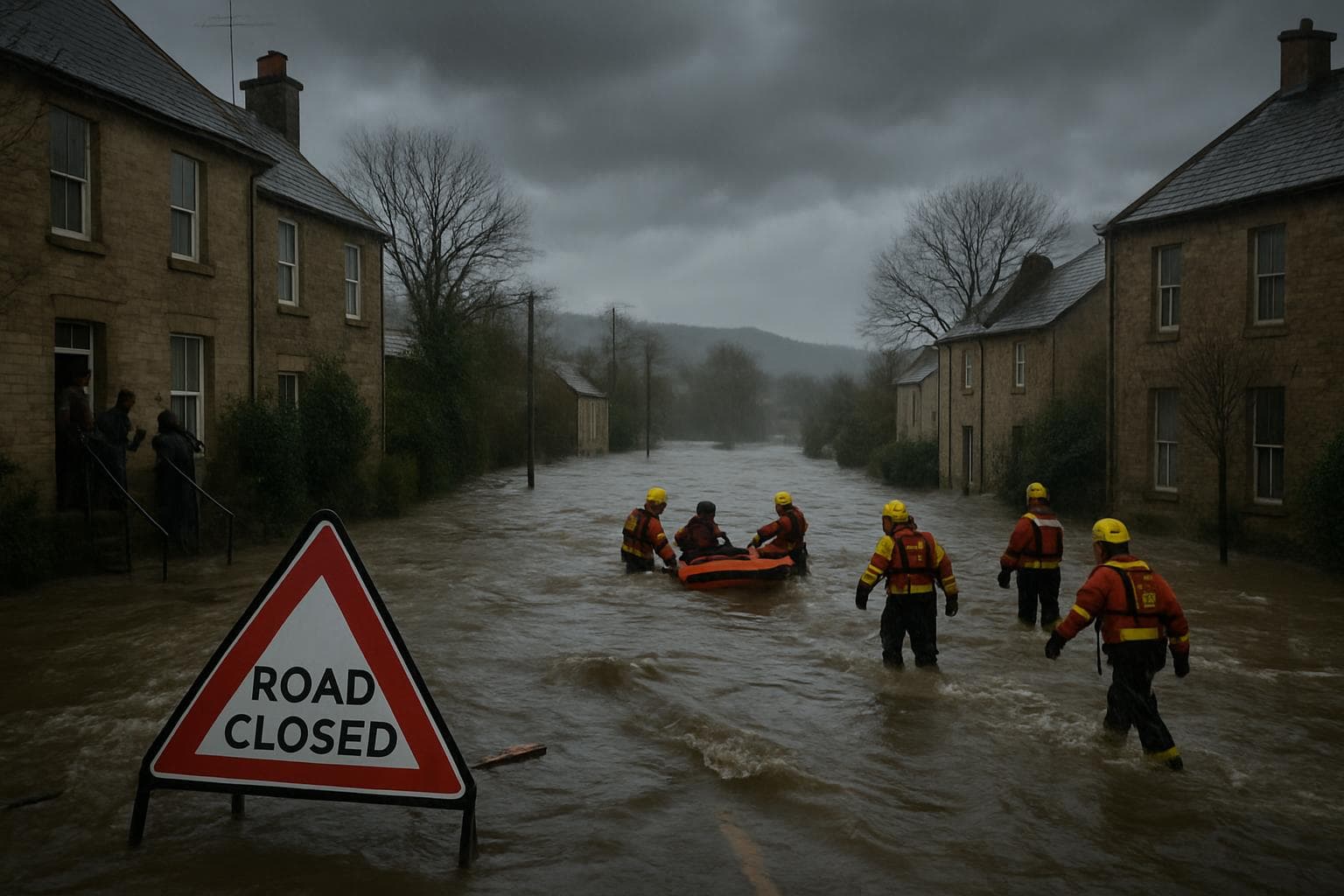 Severe flooding in southwest England with submerged roads
