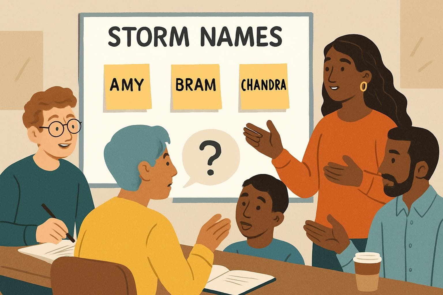 Diverse group brainstorming storm names together